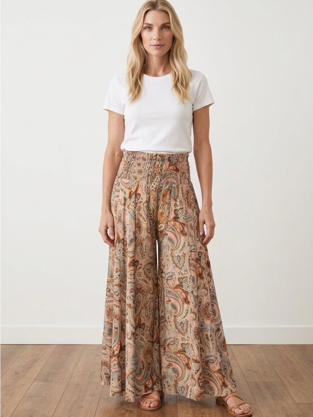 NWT Silk Paisley Print Wide-Leg Pants with Elastic Waist